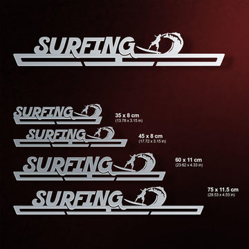 Surfing Medal Hanger shown in all available sizes with dimensions