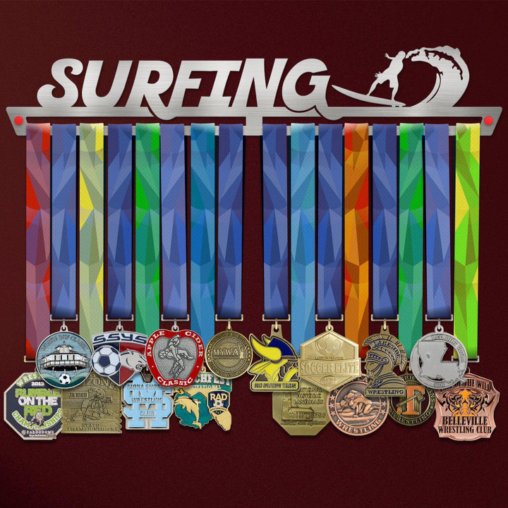 Surfing Medal Hanger holding a full row of medals on a wall