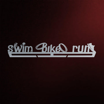 Swim Bike Run Medal Hanger V2 in laser-cut steel on a dark background