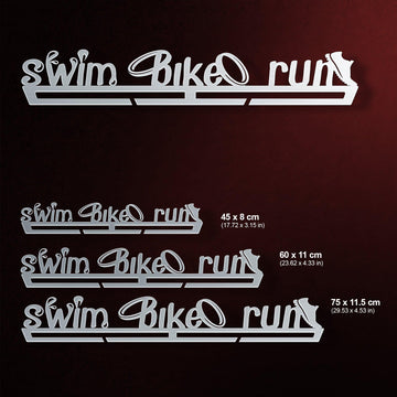 Swim Bike Run Medal Hanger V2 shown in all available sizes with dimensions