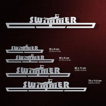 Swimming Medal Hanger shown in all available sizes with dimensions
