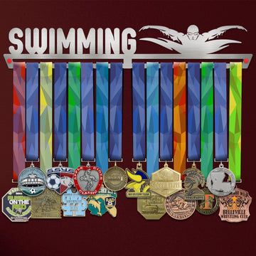 Swimming Medal Display holding a full row of medals on a wall