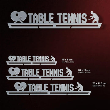 Table Tennis Medal Hanger shown in all available sizes with dimensions
