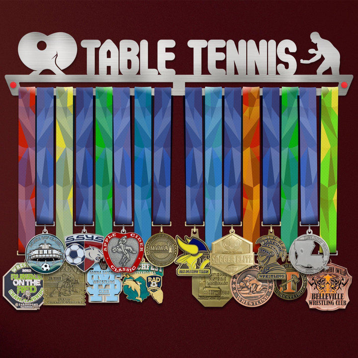 Table Tennis Medal Hanger holding a full row of medals on a wall