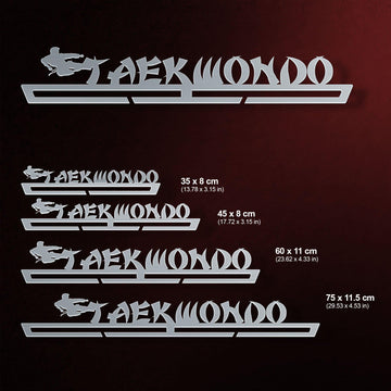 Taekwondo Medal Hanger shown in all available sizes with dimensions