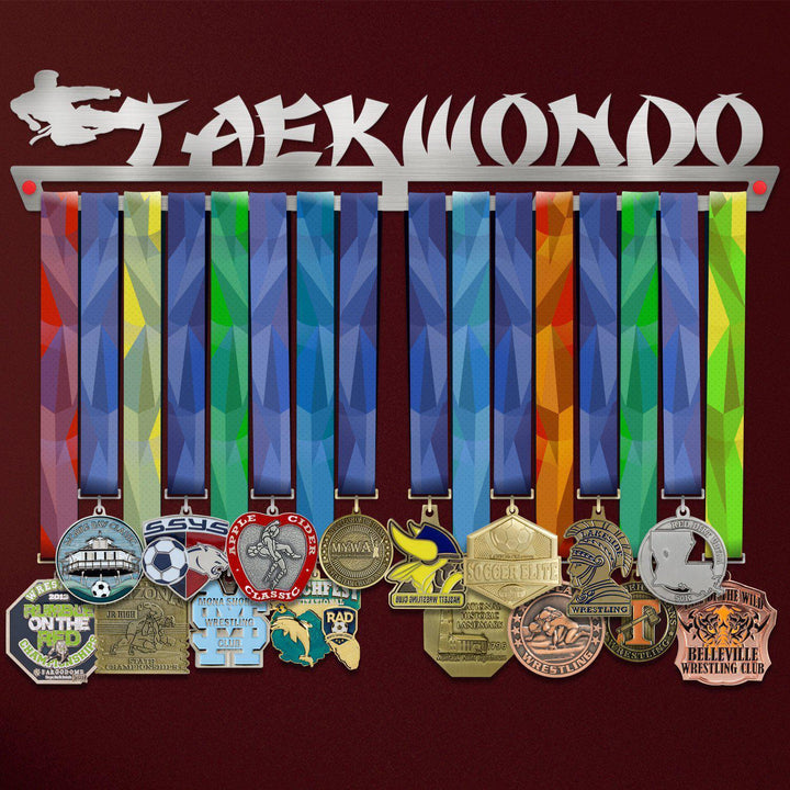 Taekwondo Medal Hanger holding a full row of medals on a wall