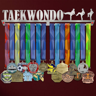 Taekwondo Medal Hanger holding a full row of medals on a wall