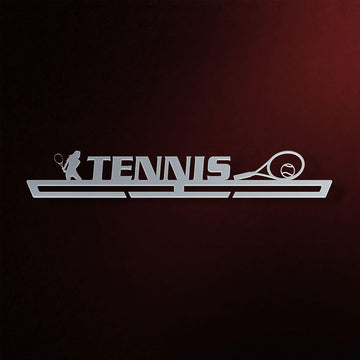 Women's Tennis Medal Hanger in laser-cut steel on a dark background