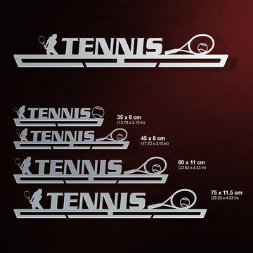 Women's Tennis Medal Hanger shown in all available sizes with dimensions