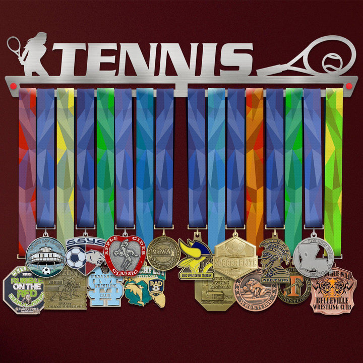 Women's Tennis Medal Hanger holding a full row of medals on a wall