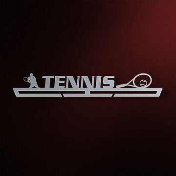 Men's Tennis Medal Hanger in laser-cut steel on a dark background