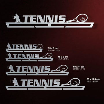 Men's Tennis Medal Hanger shown in all available sizes with dimensions