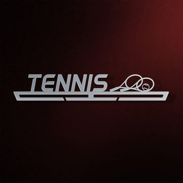 Tennis Medal Hanger in laser-cut steel on a dark background