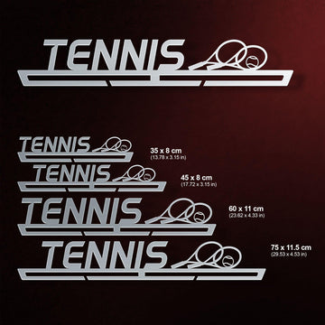 Tennis Medal Hanger shown in all available sizes with dimensions