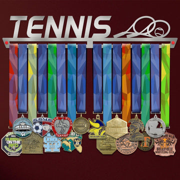 Tennis Medal Hanger holding a full row of medals on a wall