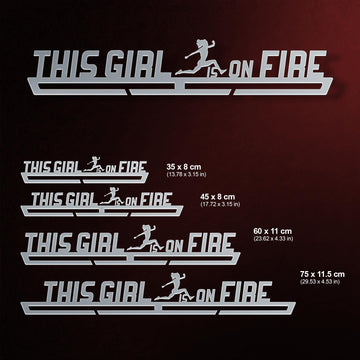 This Girl Is On Fire Medal Hanger shown in all available sizes with dimensions