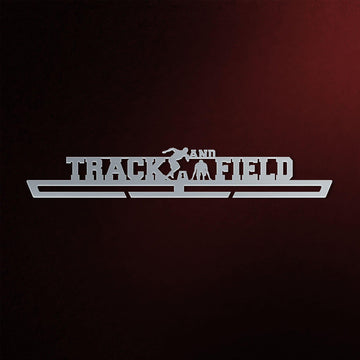 Track & Field Medal Hanger in laser-cut steel on a dark background