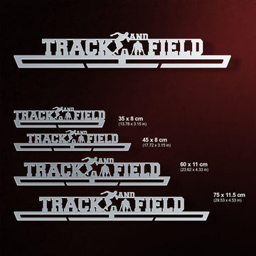Track & Field Medal Hanger shown in all available sizes with dimensions