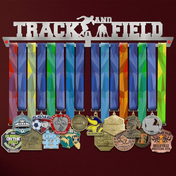 Track & Field Medal Hanger holding a full row of medals on a wall