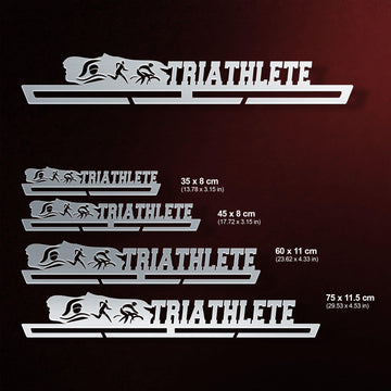 Triathlon Medal Hanger shown in all available sizes with dimensions
