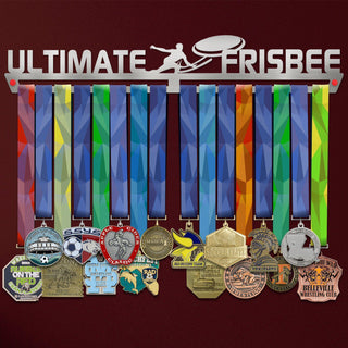 Ultimate Frisbee Medal Hanger holding a full row of medals on a wall