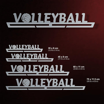 Volleyball Medal Hanger shown in all available sizes with dimensions