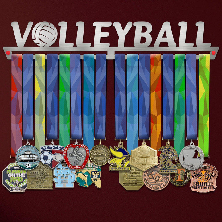 Volleyball Medal Hanger holding a full row of medals on a wall