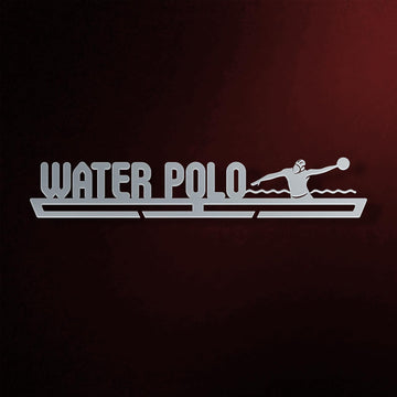 Water Polo Medal Hanger in laser-cut steel on a dark background