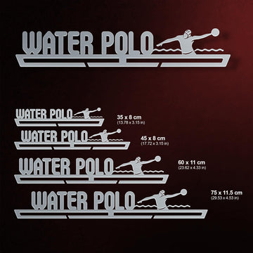 Water Polo Medal Hanger shown in all available sizes with dimensions