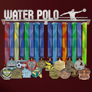 Water Polo Medal Hanger holding a full row of medals on a wall