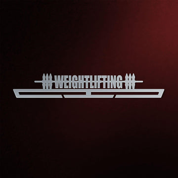 Weightlifting Medal Hanger in laser-cut steel on a dark background