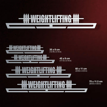 Weightlifting Medal Hanger shown in all available sizes with dimensions