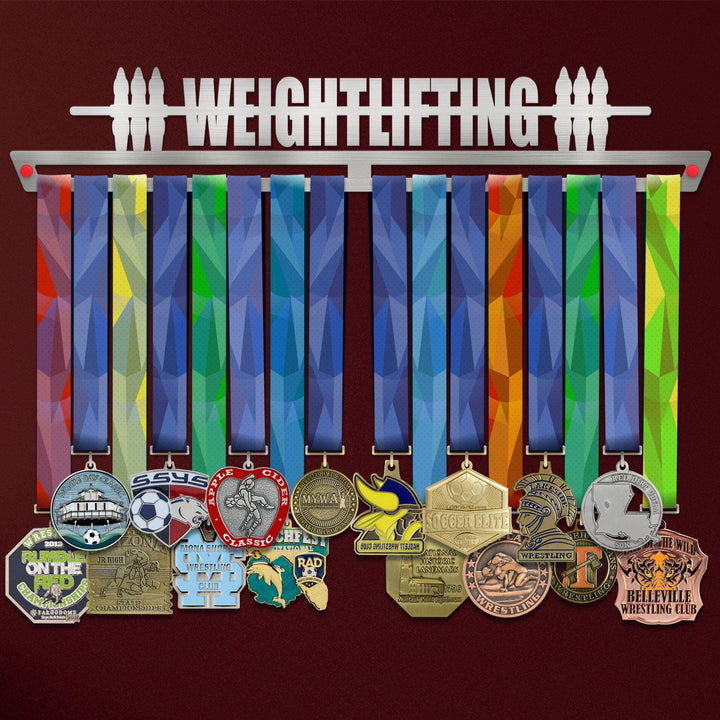 Weightlifting Medal Hanger holding a full row of medals on a wall
