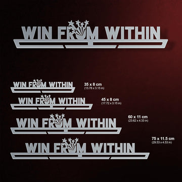 Win From Within Medal Hanger shown in all available sizes with dimensions