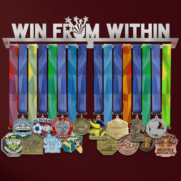 Win From Within Medal Hanger holding a full row of medals on a wall