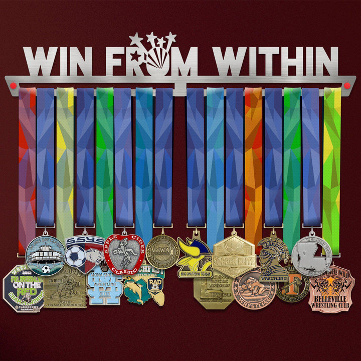 Win From Within Medal Hanger holding a full row of medals on a wall
