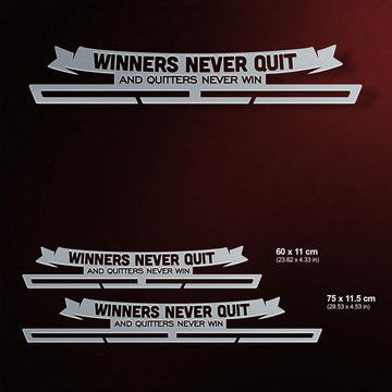 Winners Never Quit Medal Hanger shown in all available sizes with dimensions