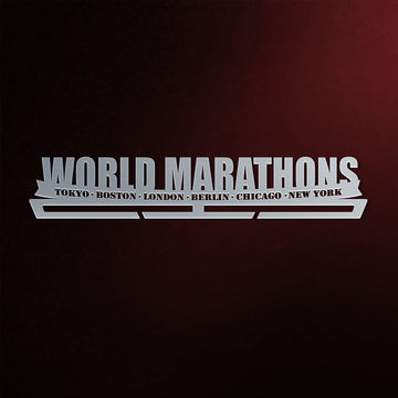 World Marathon Majors Medal Hanger V2 in laser-cut steel on a dark background
