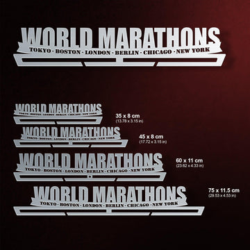 World Marathon Majors Medal Hanger V2 shown in all available sizes with dimensions