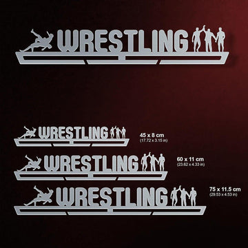 Wrestling Medal Hanger shown in all available sizes with dimensions
