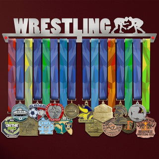 Wrestling Medal Hanger holding a full row of medals on a wall