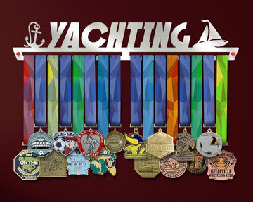 Yachting Medal Hanger V2 holding a full row of medals on a wall