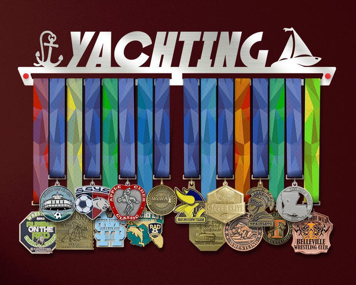 Yachting Medal Hanger V2 holding a full row of medals on a wall